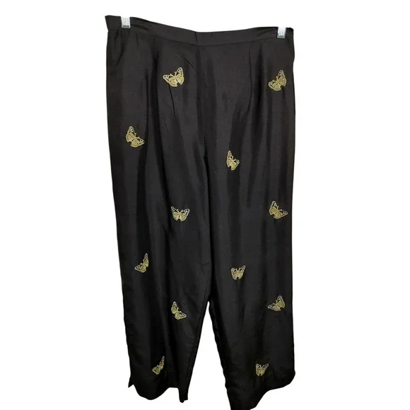 3202) Studio I Silk Yellow Black Butterfly Embroidery Cropped Pants Set Size 10 - Picture 4 of 9